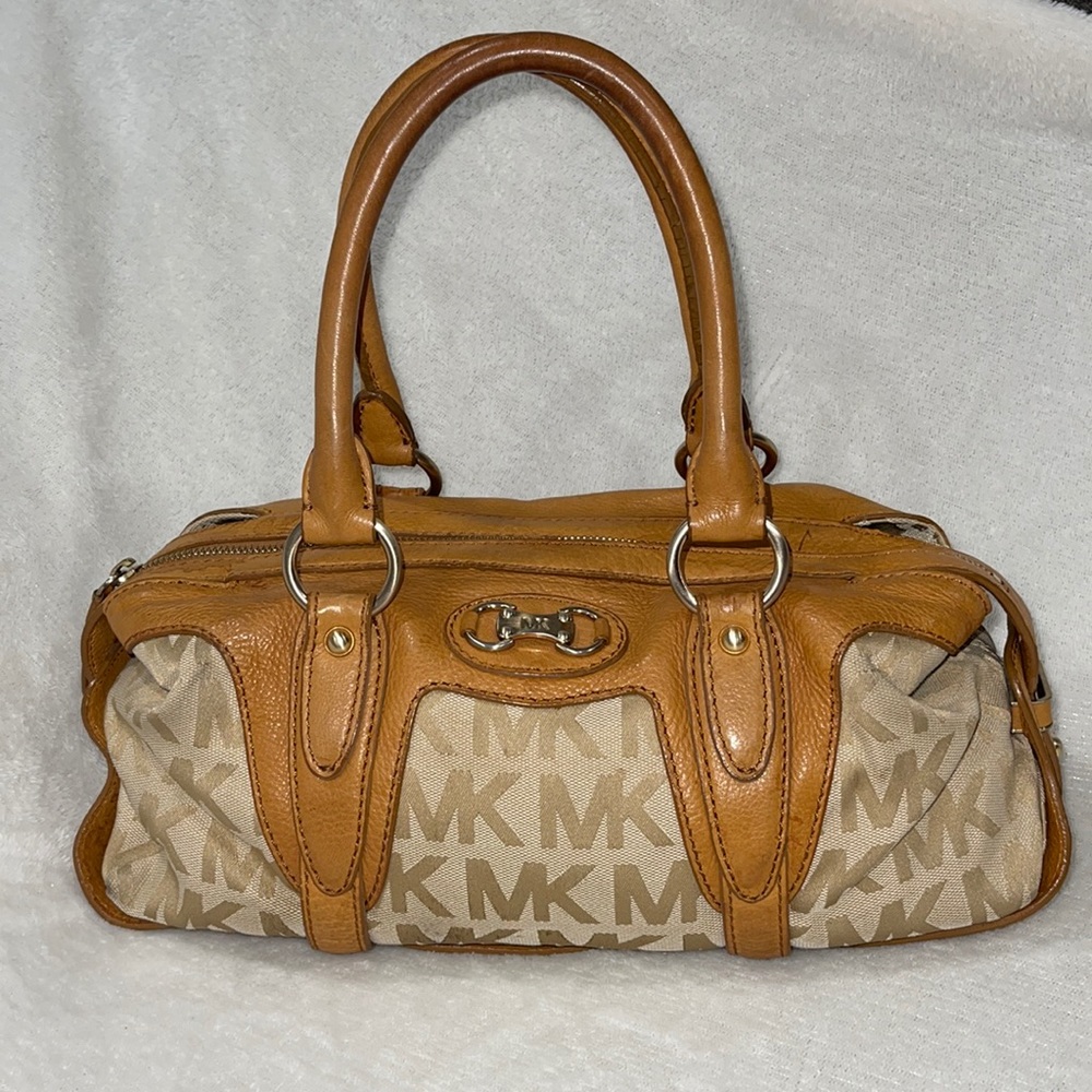 Michael Kors Cloth/Leather Satchel Small Signature Jacquard brown tan beige MK